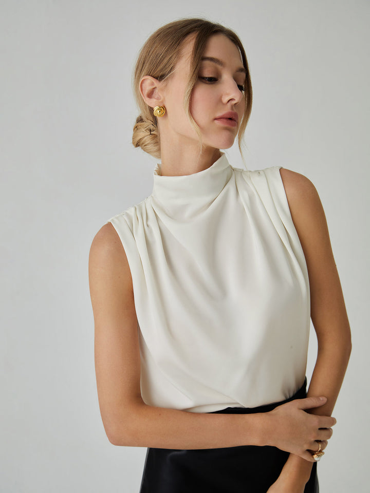 Monteclo - Callie Pleated High Neck Sleeveless Blouse