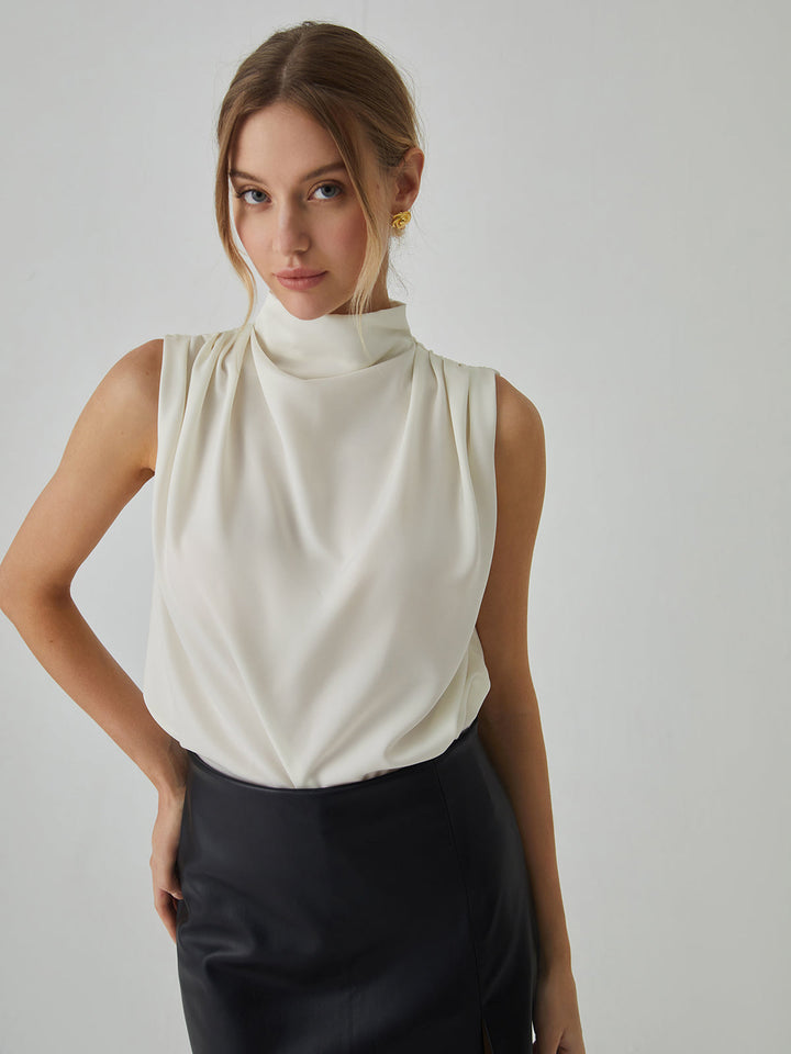 Monteclo - Callie Pleated High Neck Sleeveless Blouse