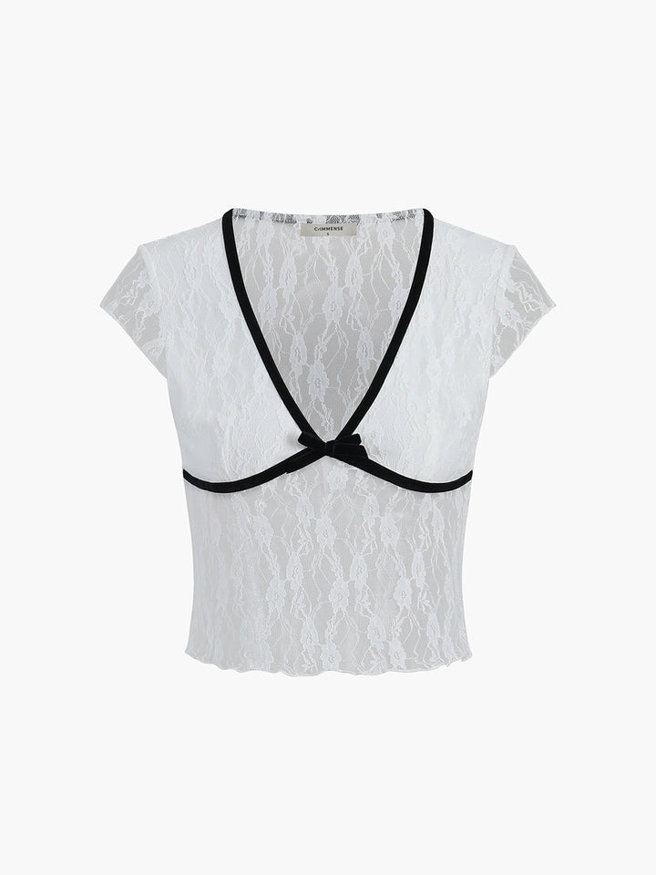 Monteclo - Lola Shine In Summer Sheer Lace Contrast Trim Top