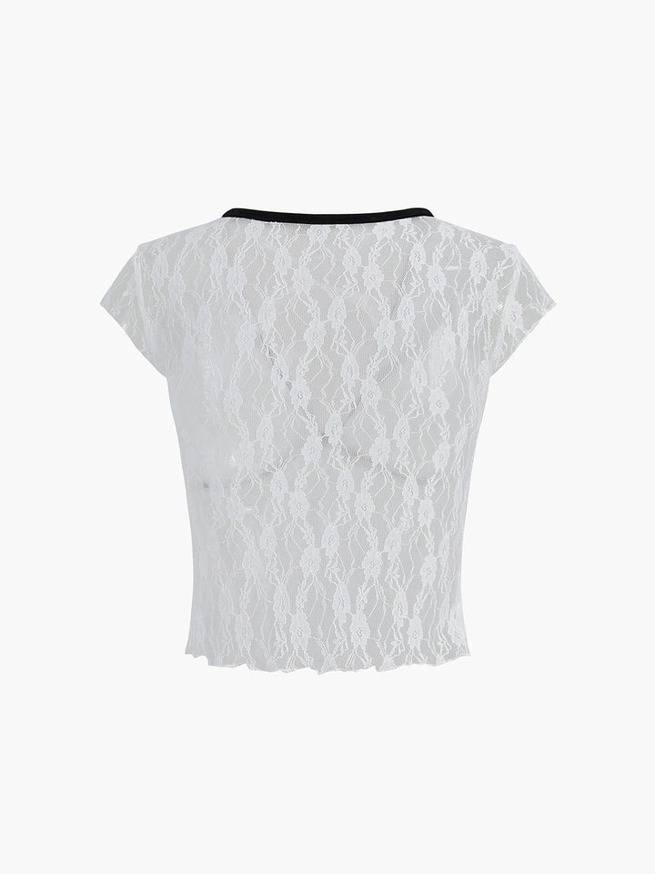 Monteclo - Lola Shine In Summer Sheer Lace Contrast Trim Top