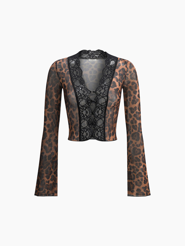 Monteclo - Ayla Leopard Print Long Sleeve Lace Trim Blouse