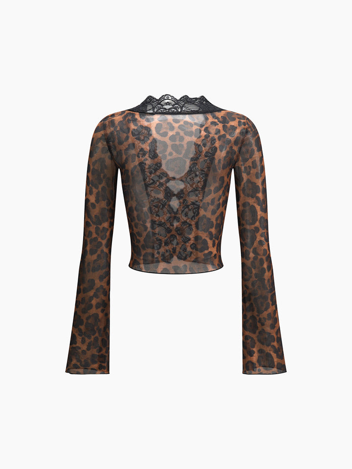 Monteclo - Ayla Leopard Print Long Sleeve Lace Trim Blouse