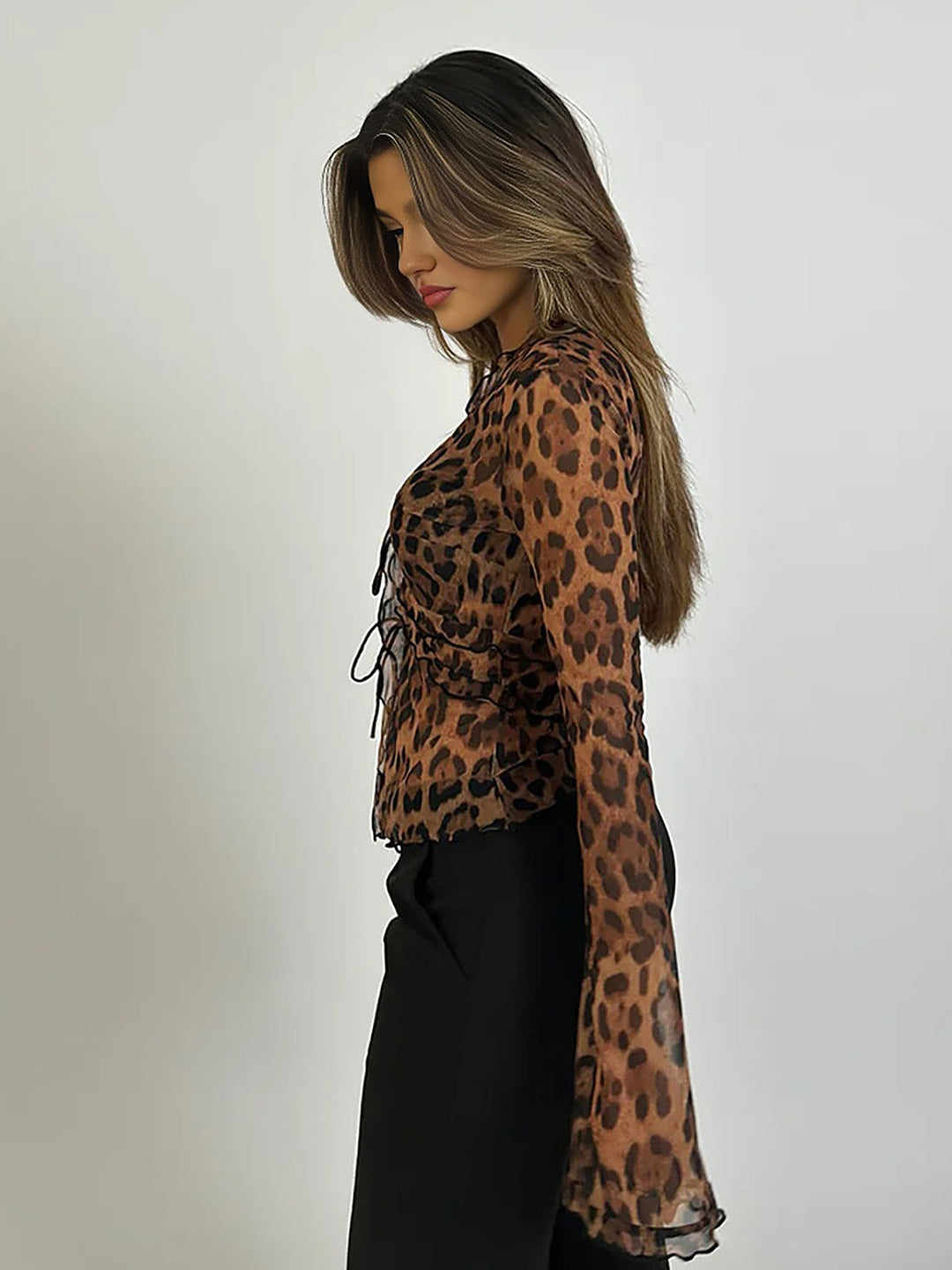 Monteclo - Everleigh Leopard Print Semi-Sheer Ruffle V-neck Shirt