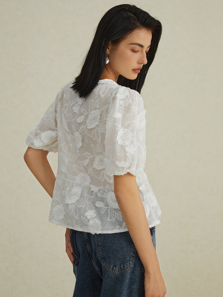 Monteclo - Ella Floral Knotted Puff Sleeve Shirt