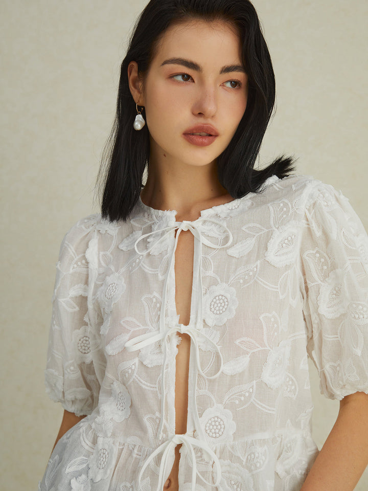 Monteclo - Ella Floral Knotted Puff Sleeve Shirt