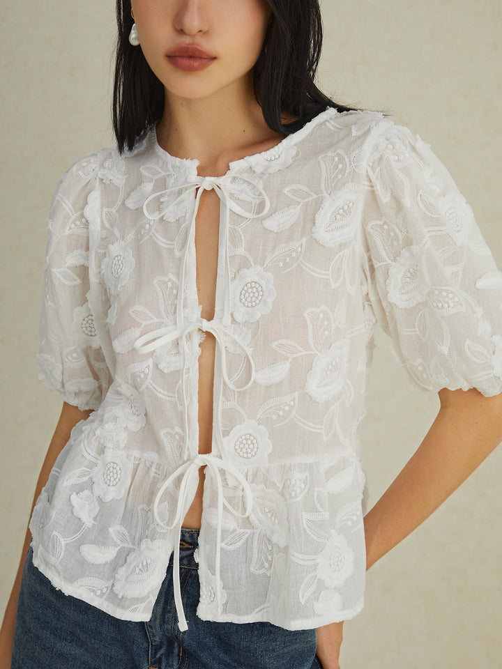 Monteclo - Ella Floral Knotted Puff Sleeve Shirt