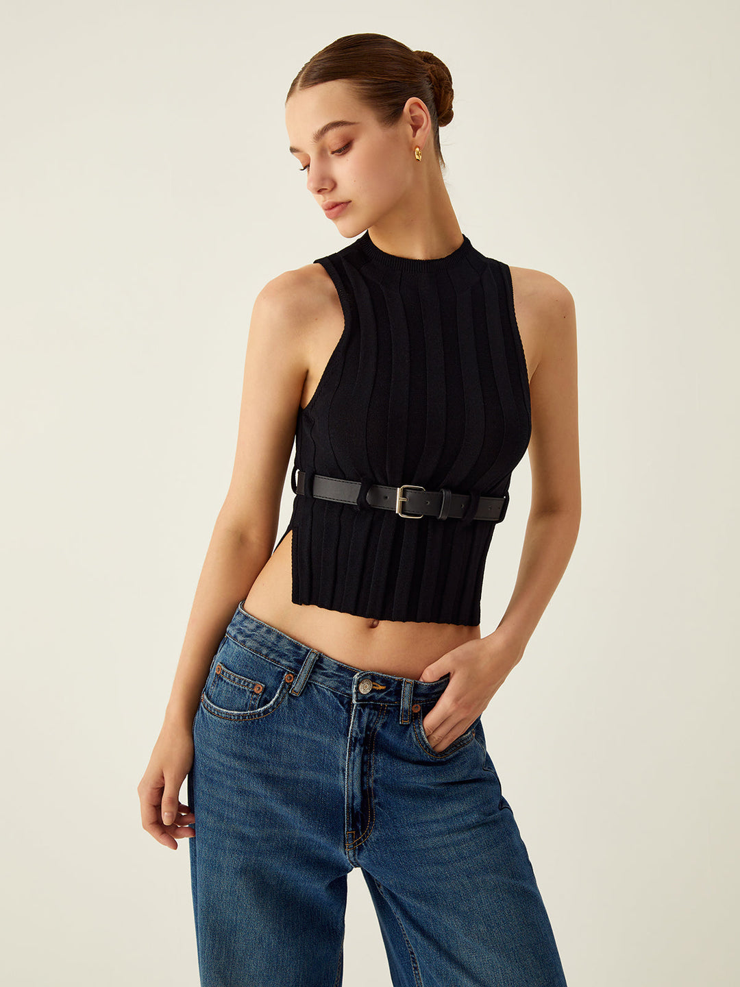 Monteclo - Taylor Ribbed Mock Neck Tank Top With Leather Belt