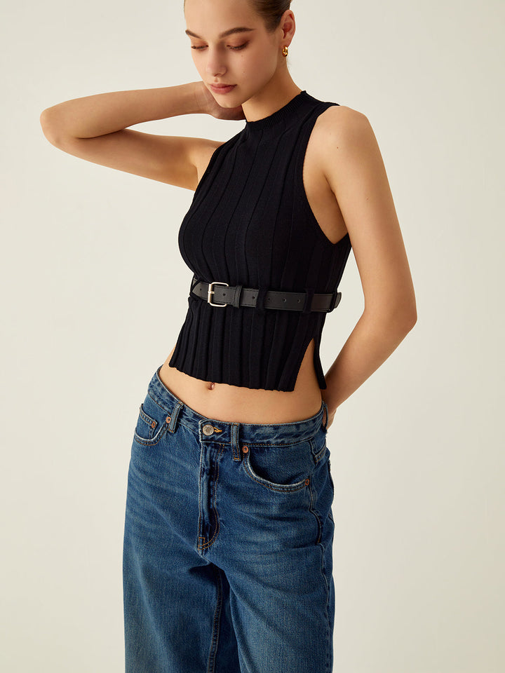 Monteclo - Taylor Ribbed Mock Neck Tank Top With Leather Belt