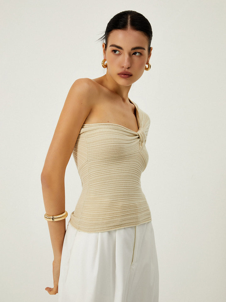 Monteclo - Jada Asymmetrical One Shoulder Knotted Knit Top