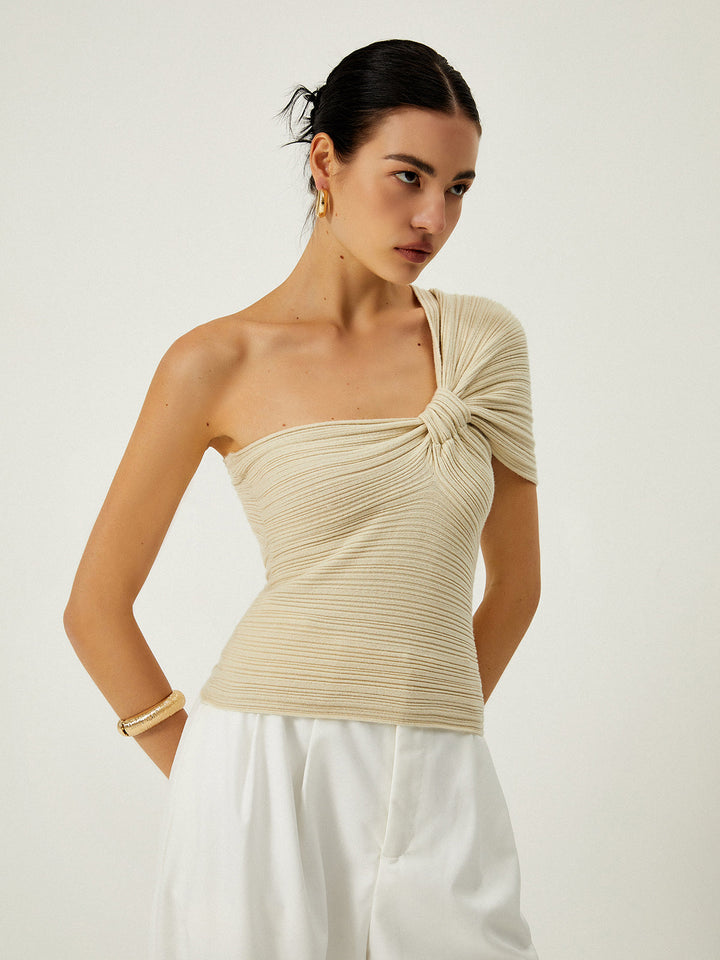 Monteclo - Jada Asymmetrical One Shoulder Knotted Knit Top