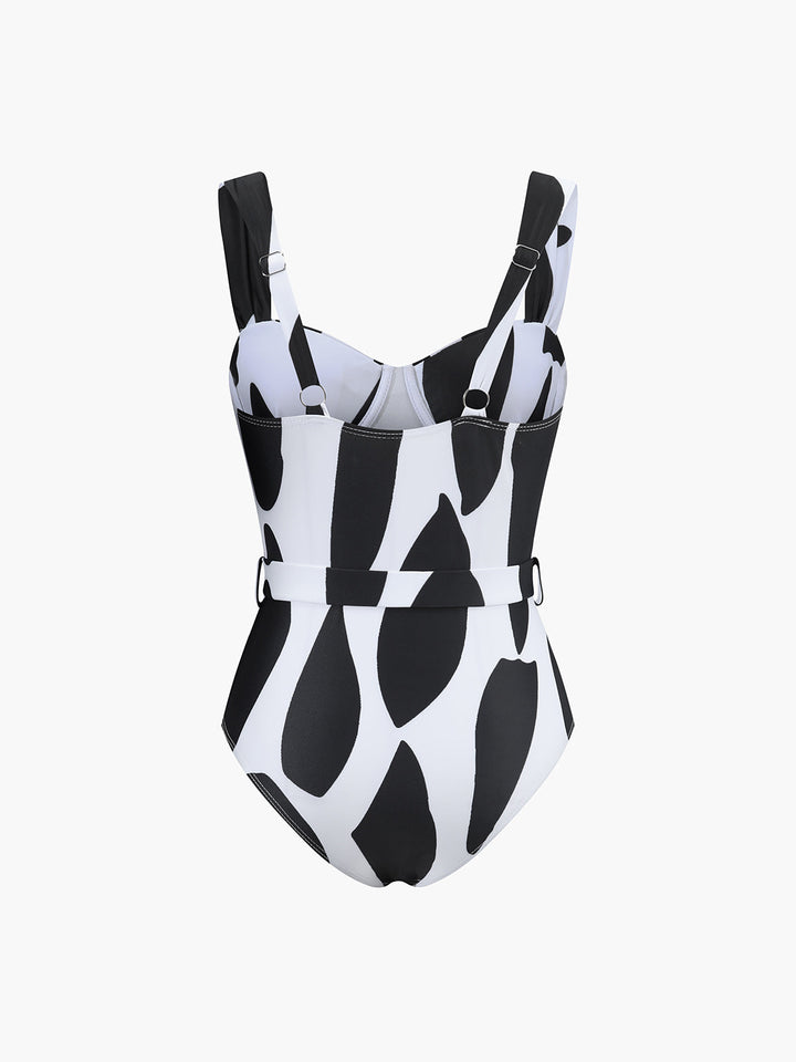 Cow Print Belted One Piece Swimsuit