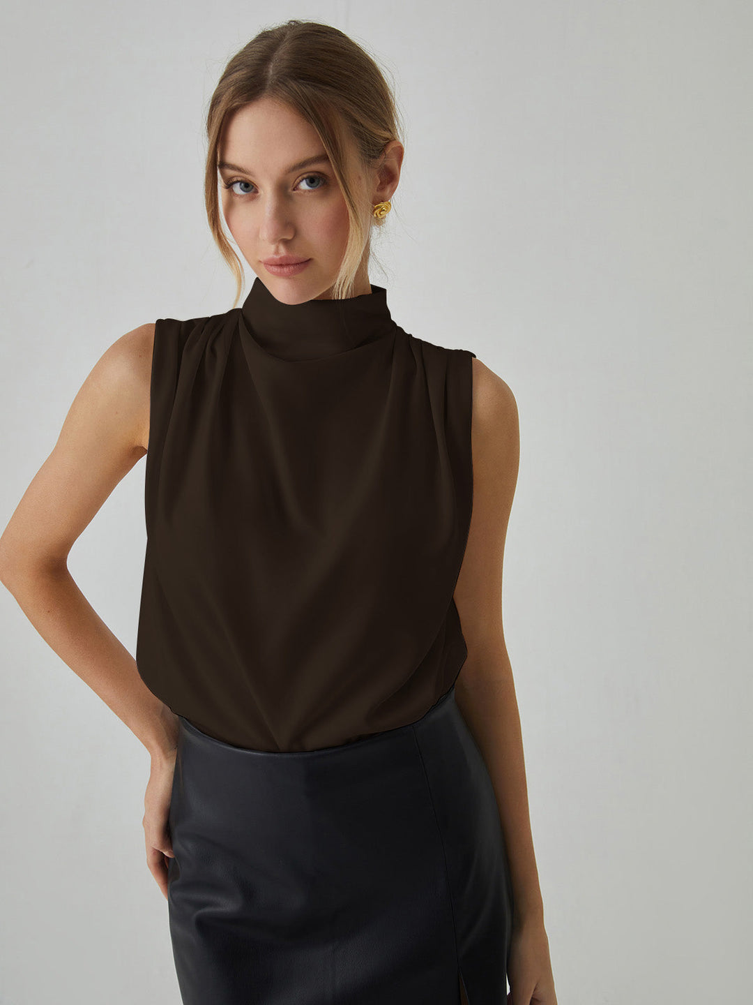 Monteclo - Callie Pleated High Neck Sleeveless Blouse