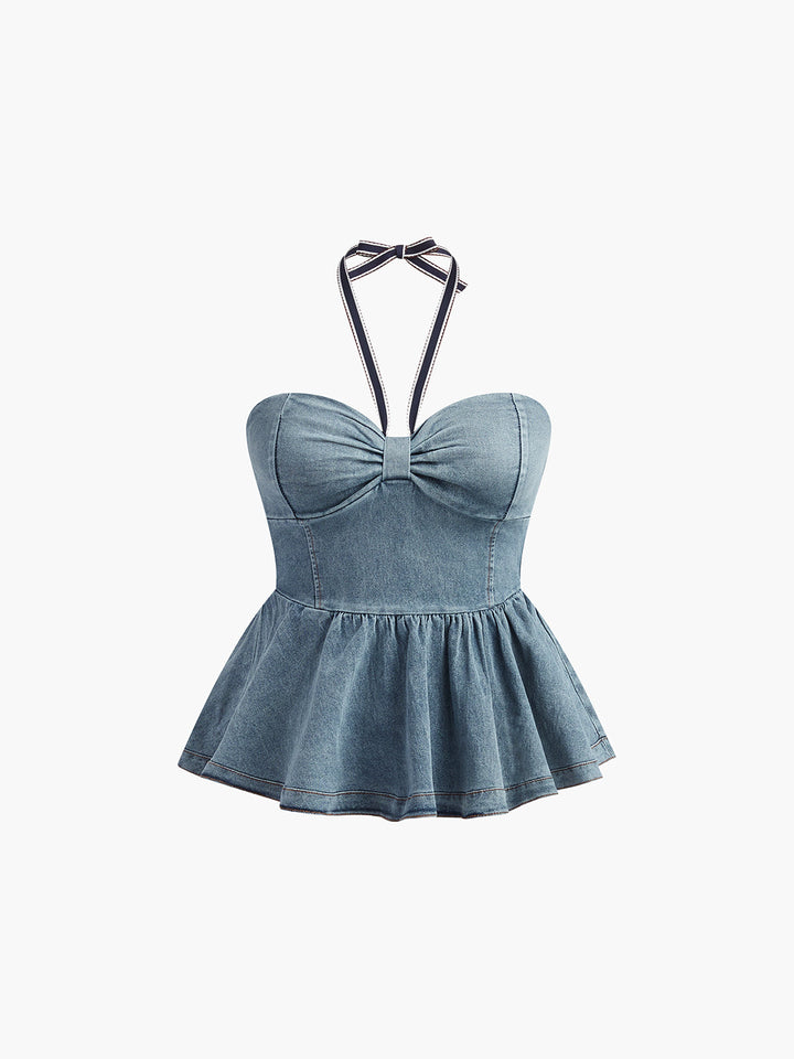 Denim style Halter- Monteclo Gwyneth Pleated Tank Top