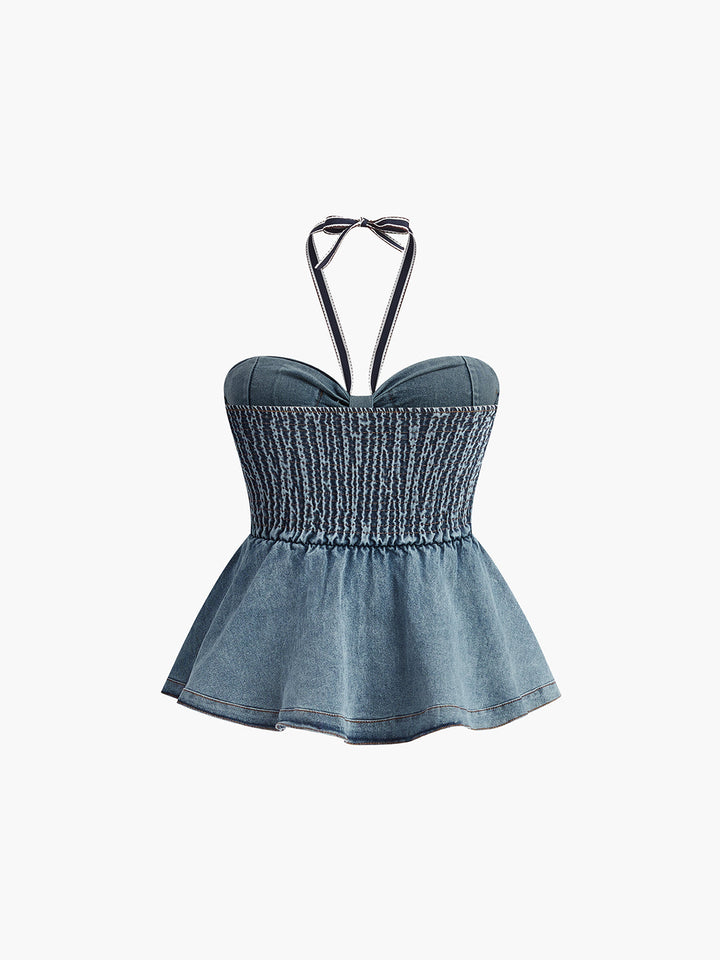 Denim style Halter- Monteclo Gwyneth Pleated Tank Top