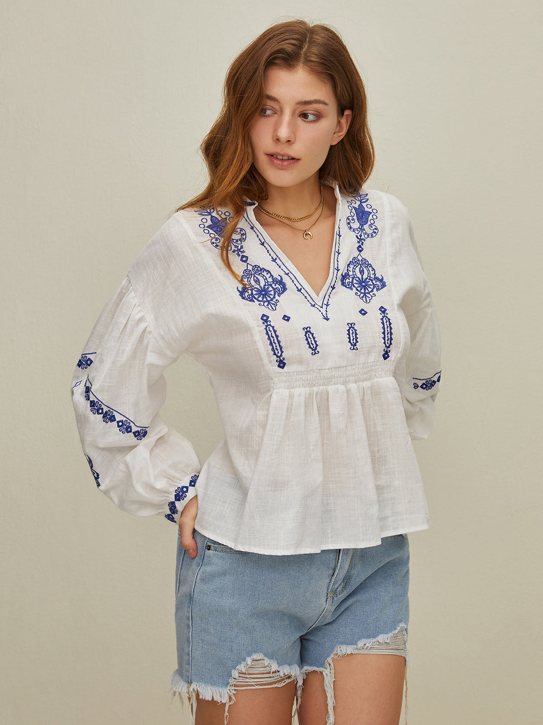 Monteclo - Isabella Embroidered V-Neck Shirt