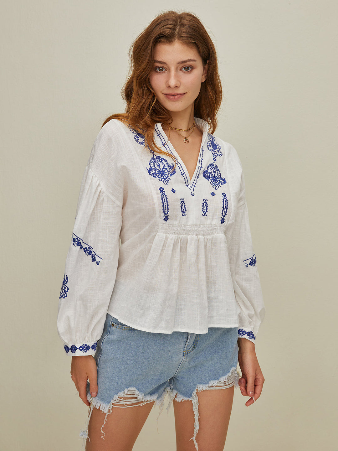 Monteclo - Isabella Embroidered V-Neck Shirt