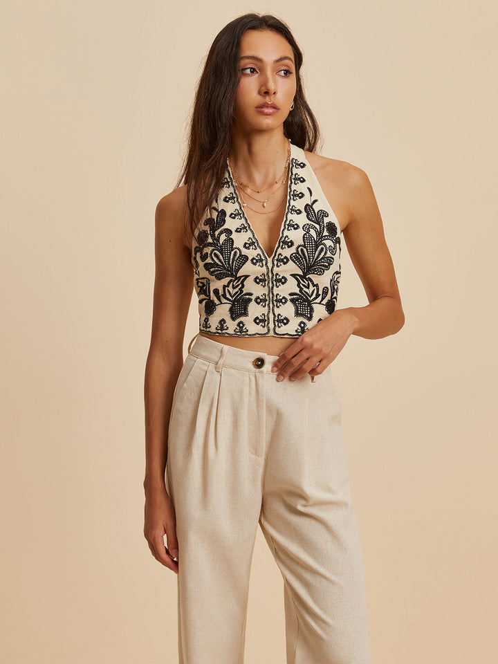 Monteclo - Evelyn Embroidery Print V-Neck Tank Top