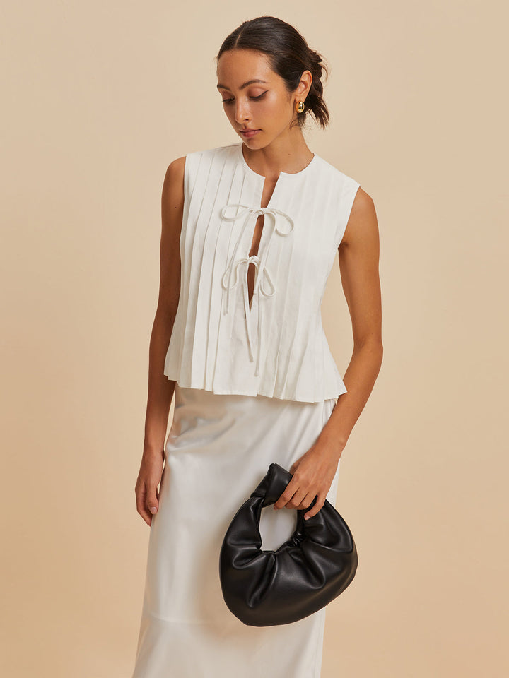 Monteclo - Elsie Pleated Knotted Sleeveless Blouse