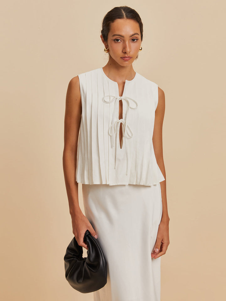 Monteclo - Elsie Pleated Knotted Sleeveless Blouse