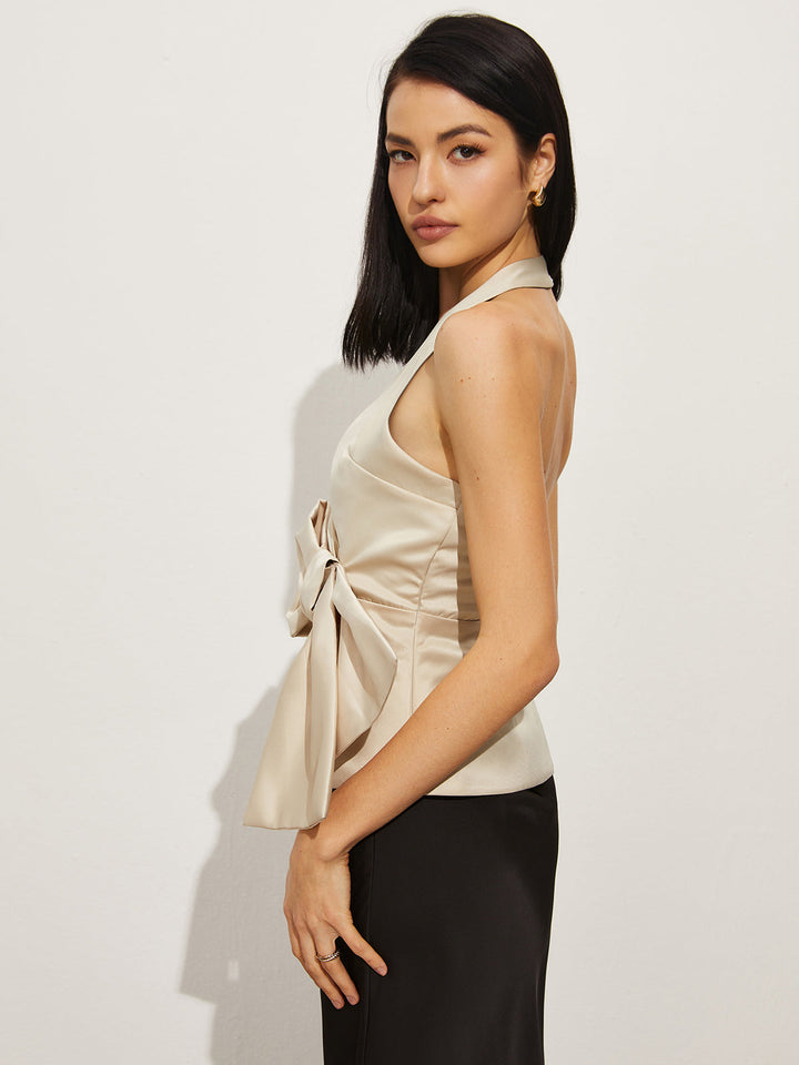 Monteclo -Sabrina Bow Backless V-Neck Tank Top