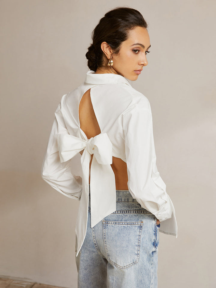 Monteclo - Brielle Long Sleeve Backless Bow Shirt