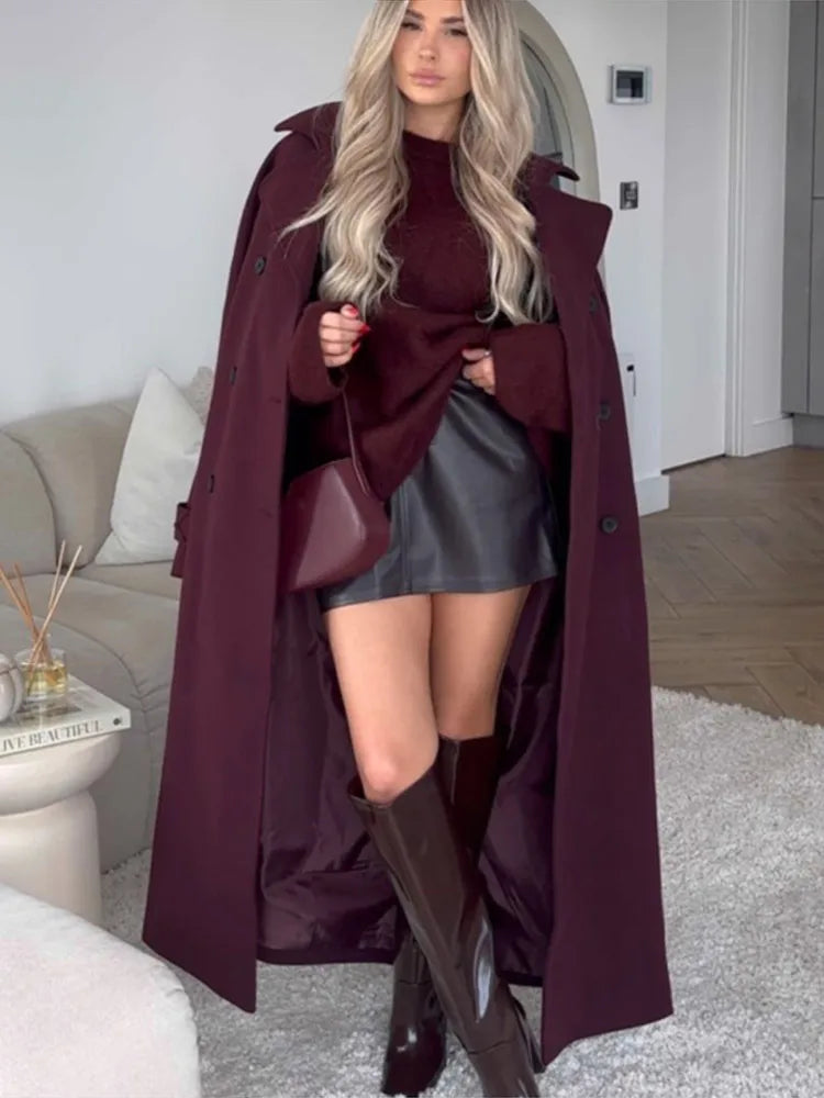 Anya- Elegant long burgundy coat