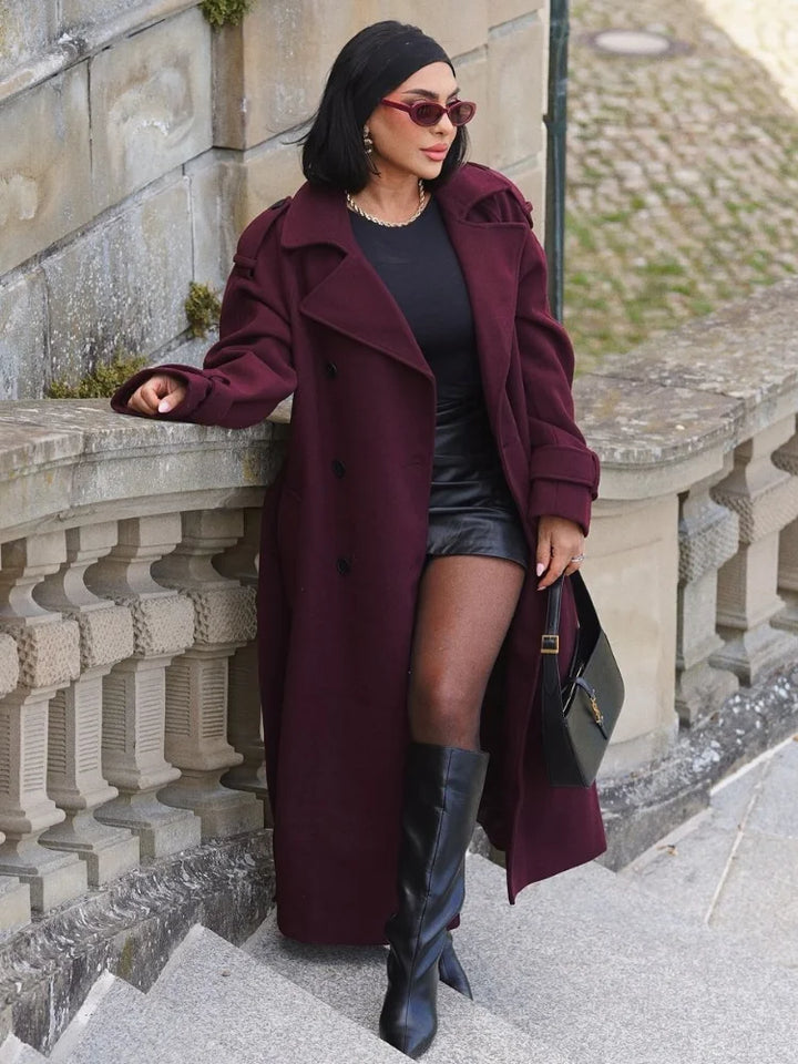 Anya- Elegant long burgundy coat