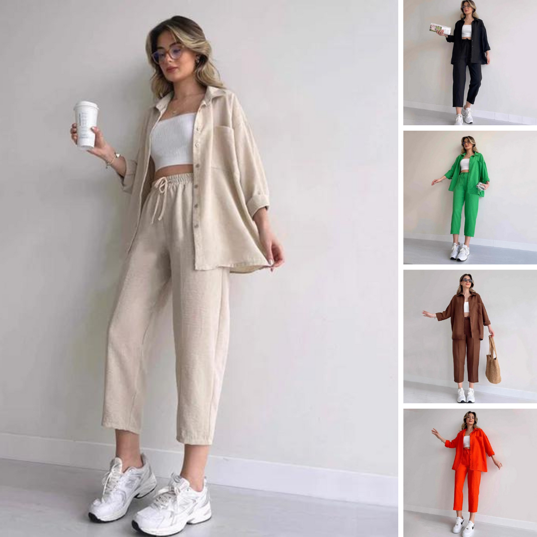 Lorah - Casual Loose Shirt Coat Sporty Harem Pants Two Piece Suit