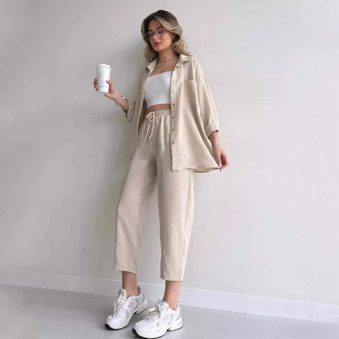 Lorah - Casual Loose Shirt Coat Sporty Harem Pants Two Piece Suit